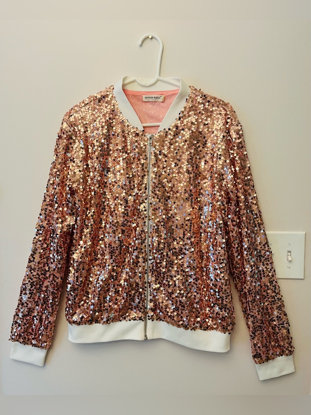 Anna-Kaci Rose Gold Sequin Bomber Jacket Sparkle Shine Size Large
